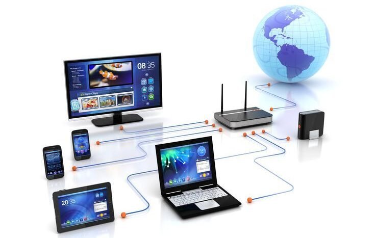 An illustration of a connected digital network with various devices such as a TV, smartphone, tablet, laptop, router, and a globe representing global connectivity