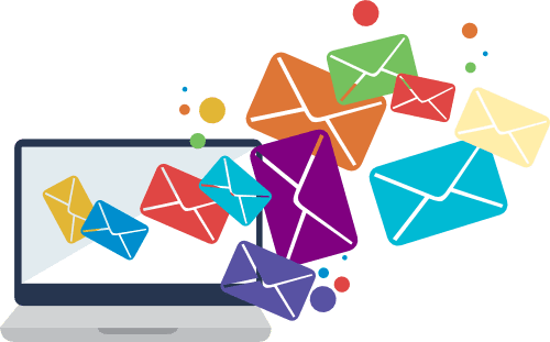 An animated gif of colorful envelopes flying out of a laptop, representing email communication or email marketing.