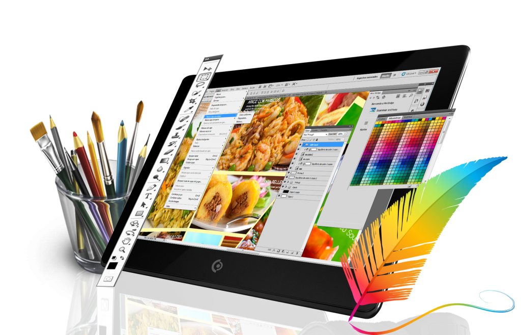An illustration of a graphic design workspace with a tablet displaying food images being edited, surrounded by colorful pencils, a color palette, and a feather pen.