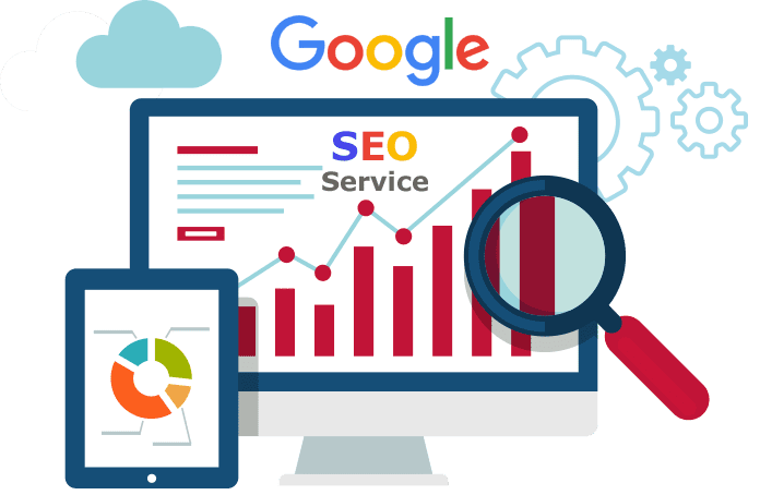 An illustration showing a computer screen displaying SEO service data with graphs, a magnifying glass highlighting the data, and a tablet showing a pie chart, with the Google logo and cloud icons in the background.