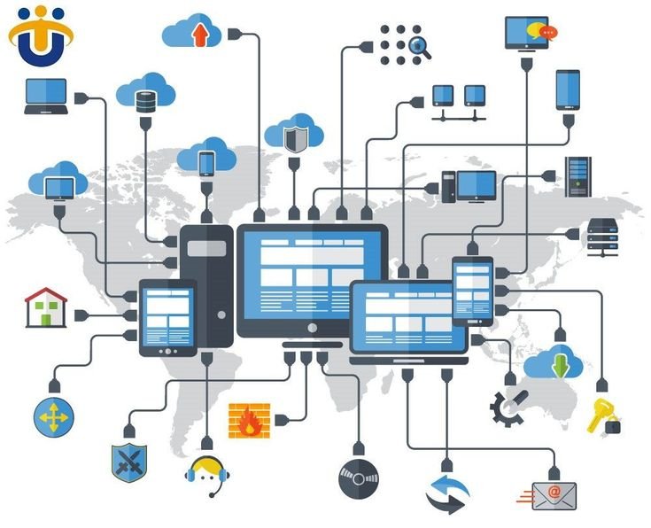 An illustration of a complex network of devices, including computers, phones, servers, and various icons representing different services and technologies, all connected by lines on a world map background.