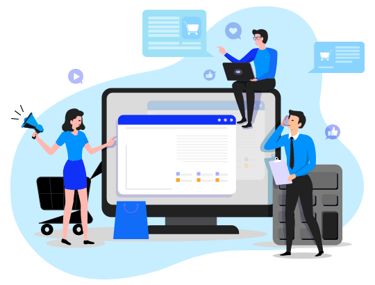 An animated gif showing three characters: one holding a megaphone and standing next to a shopping cart, another sitting with a laptop on a large screen displaying graphs, and the third on the phone with a clipboard, all involved in e-commerce activities.