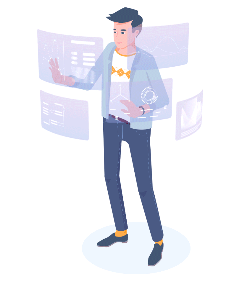 An animated gif showing a person interacting with floating data screens, representing futuristic technology and data visualization.