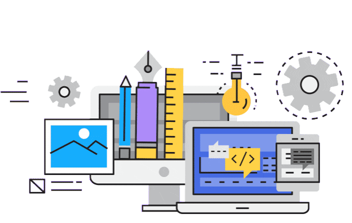 An animated gif featuring a laptop displaying code, with surrounding symbols such as a picture, gears, pencils, a ruler, and a lightbulb, representing design and development tools.