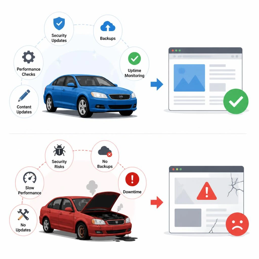Monthly website maintenance package covering WordPress updates, security, backups, and performance monitoring.
