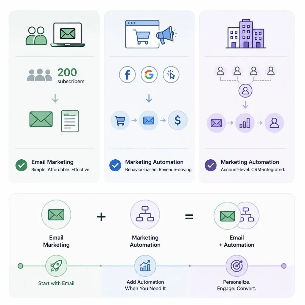 Businesses using email marketing and marketing automation at different growth stages.
