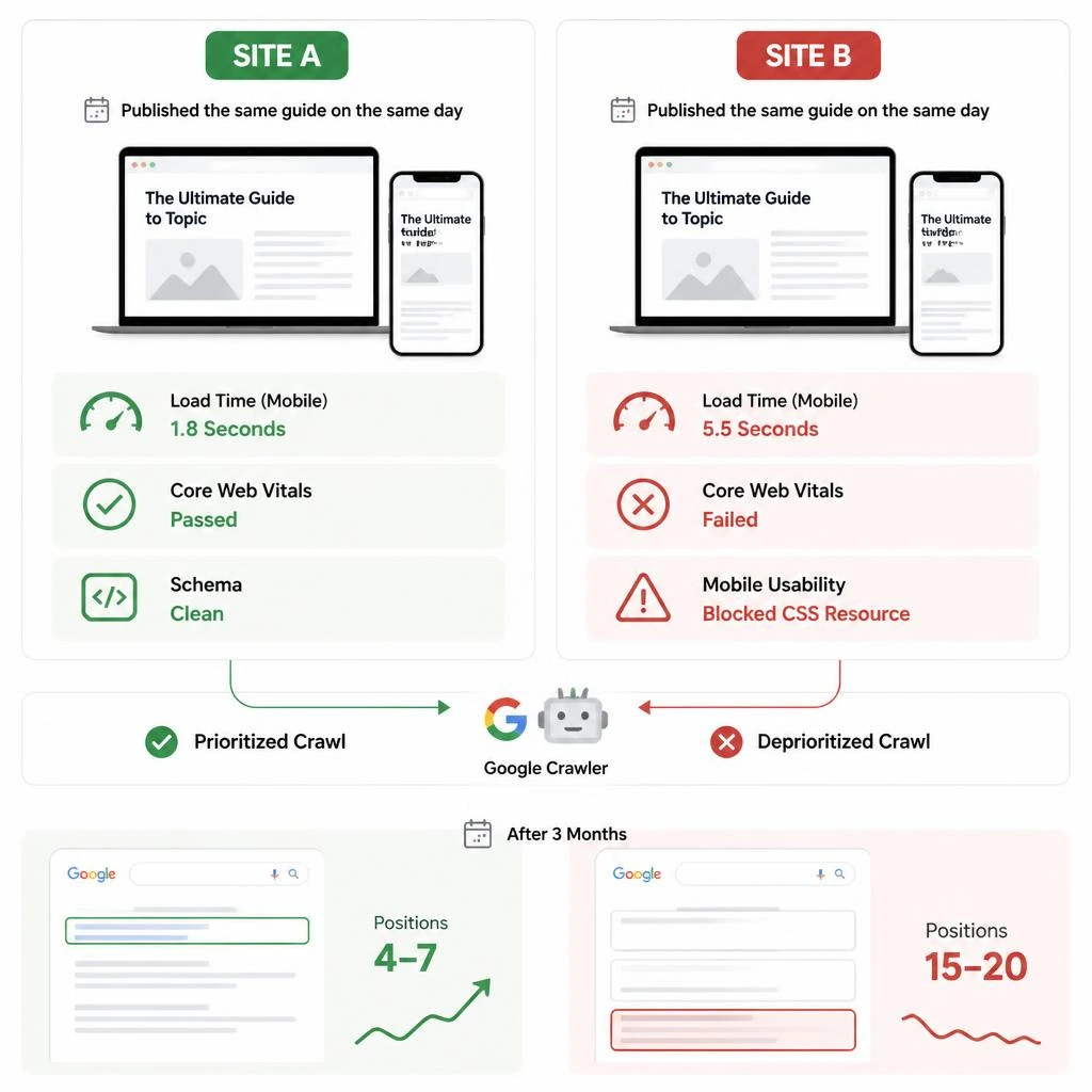 Real-world SEO example comparing content with different technical website health