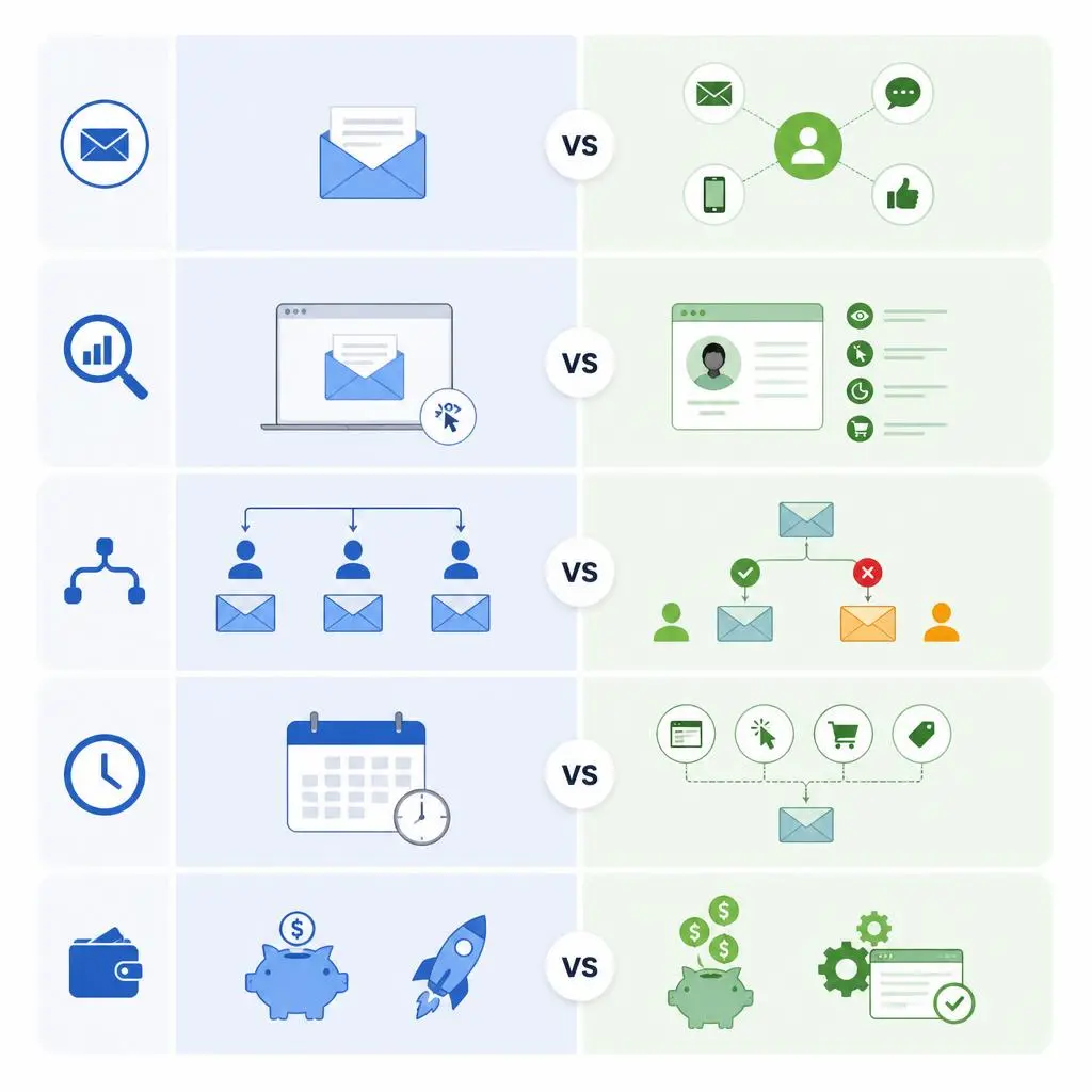 Email marketing vs marketing automation comparison highlighting six key differences for businesses.