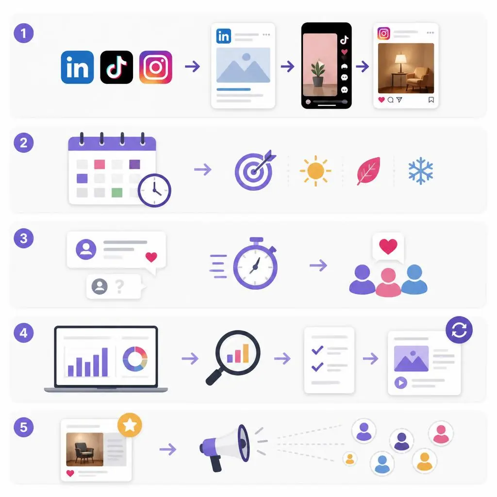 Core pillars of effective social media management including strategy, content, engagement, analytics, and community management